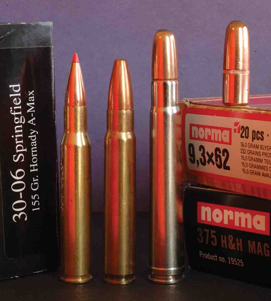 The size of a 30-06, the 9.3x62mm can send 300-grain bullets at 2,350 fps, about 200 fps shy of the 375.